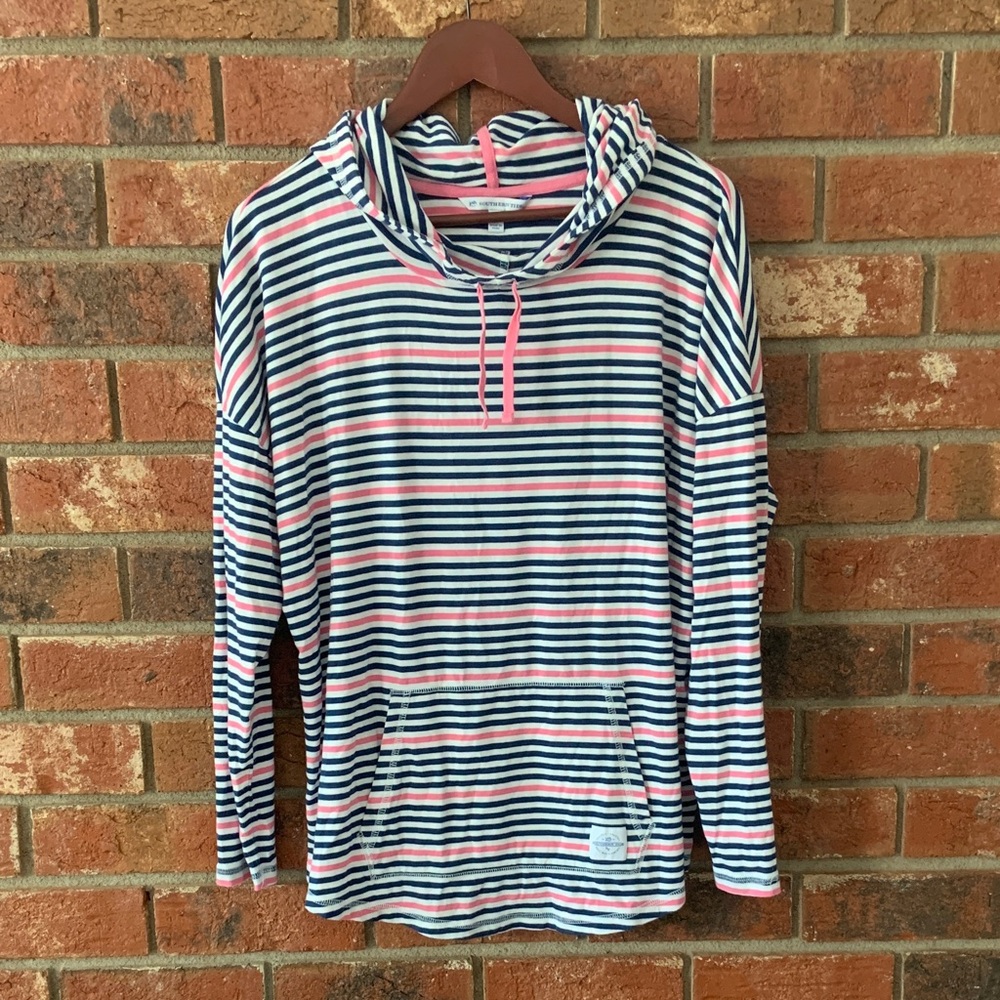 Southern Tide Navy and Pink Striped Cozy Hoodie Pullover